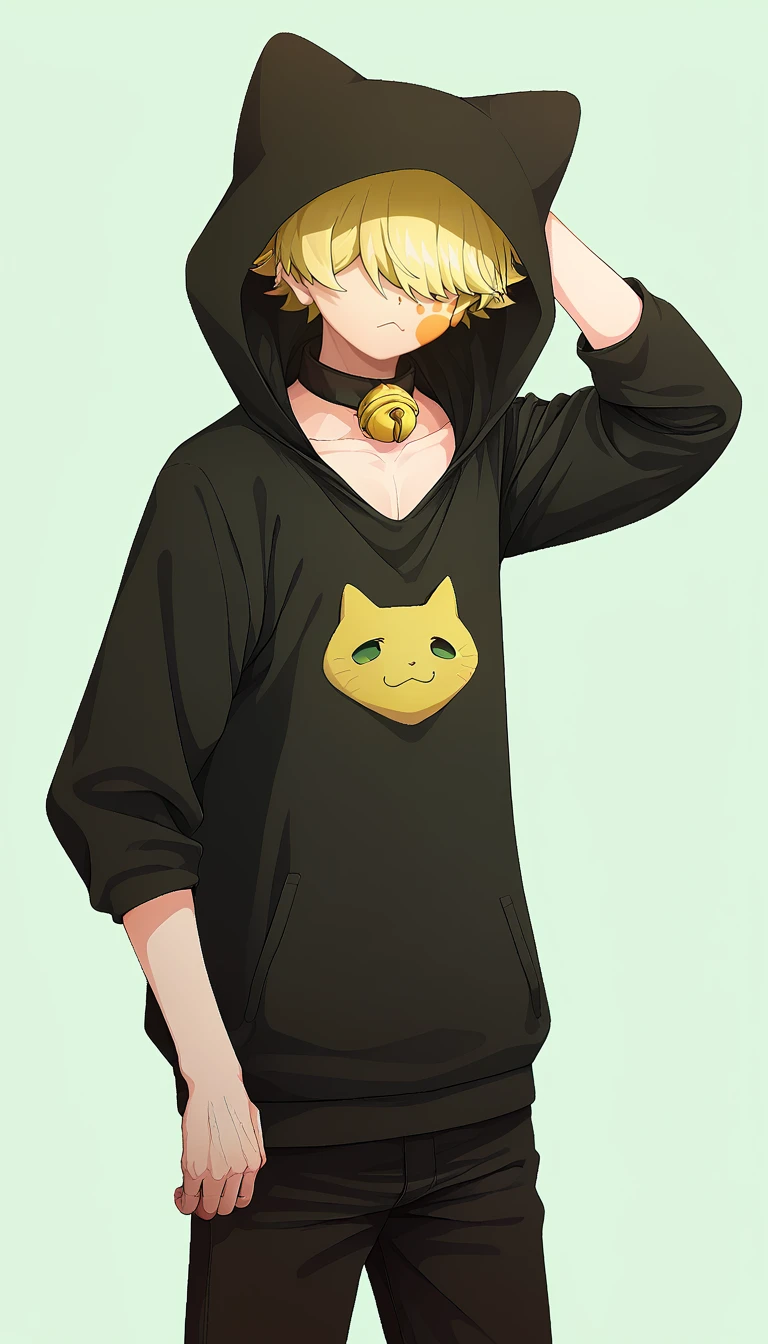 embedding:zPDXL ,source_anime,rating safe,looking at viewer,1boy,kengo,shirt,neck bell,hood,:3,facial mark,paw print,hood up,animal hood,animal ears,(cat print:0.5),hair over eyes,blonde hair,pants,cowboy_shot, anime coloring,