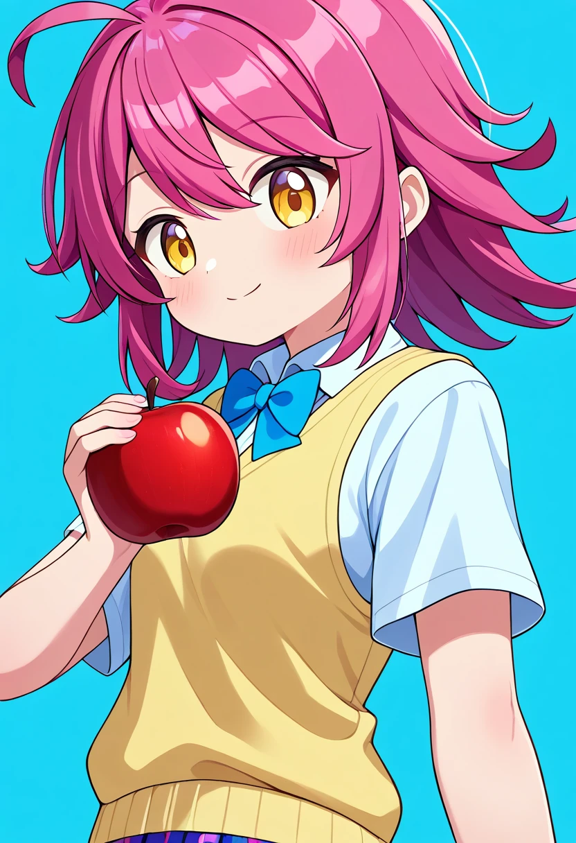 1girl, tennouji rina, holding apple, yellow eyes, short sleeves white shirt and blue bowtie and yellow sweater vest otonokizaka school uniform, medium hair, simple blue background, masterpiece, best quality, newest, absurdres,