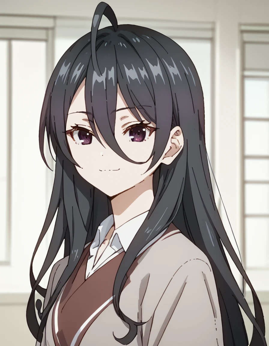 Ayano, long hair, bangs, black hair, hair between eyes, purple eyes, ahoge, <lora:AlyaSometimesHidesHerFeelingsinRussian:1> score_9, score_8_up, score_7_up, score_6_up, score_5_up, score_4_up, source_anime,  soft smile, portrait,