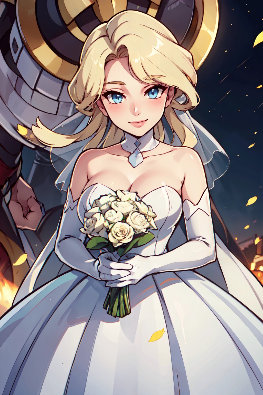 ((masterpiece,best quality)), absurdres,  BREAK, , <lora:Glacia_Pokemon:0.8>, zzGlacia, blonde hair, blue eyes, long hair, cleavage, collarbone, , BREAK, bride, wedding dress, bridal veil, strapless dress, elbow gloves, holding bouquet,, BREAK, solo, smile, looking at viewer, cowboy shot,