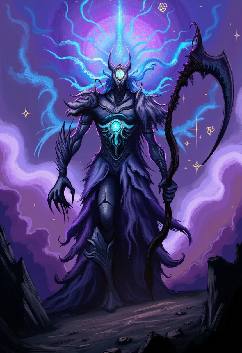 This is a highly detailed digital artwork depicting a fantastical, sci-fi warrior figure set against a cosmic, starry background. The central figure, a humanoid creature, is adorned in ornate, futuristic armor that blends metallic and organic elements. The armor is primarily dark grey with glowing, ethereal blue accents, giving it a celestial appearance. The figureâs head is encased in a helmet with a glowing, circular visor that obscures its face, adding an enigmatic aura.
The warrior holds a large, curved scythe-like weapon in its right hand, which is also adorned with glowing blue and purple elements that resemble stars and galaxies. The scythe's handle is wrapped in a dark, organic material that seems to blend seamlessly with the armor.
The background is a stunning, celestial scene filled with swirling clouds of purple, blue, and white, resembling a cosmic nebula. Stars and glowing, ethereal energy beams are scattered throughout the sky, enhancing the otherworldly atmosphere. The ground below is rocky and desolate, with jagged, dark formations and what appear to be fossilized bones or remnants of ancient structures.
The overall style of the artwork is highly detailed, with a mix of realistic and fantastical elements, typical of modern digital fantasy art.  <lora:DepthContrastFlux-sv_fro-0.97-16:1>