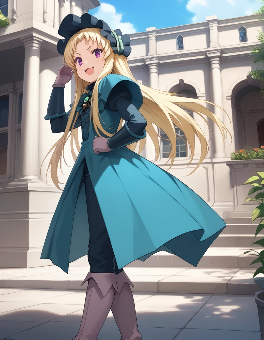 score_9, score_8_up, score_7_up, BREAK source_anime, best quality, masterpiece,very aesthetic, zPDXL2,official art,detailed_eyes,1girl, solo,
salome_(twin_angel), blonde hair, long hair, purple eyes, young, :3
green military uniform, gloves, boots,
<lora:salome_(twin_angel)_pony_v1:1>
standing, dynamic pose ,
open mouth, blush,smirk
looking at viewer,(cowboy shot,:1.3),
outdoors,