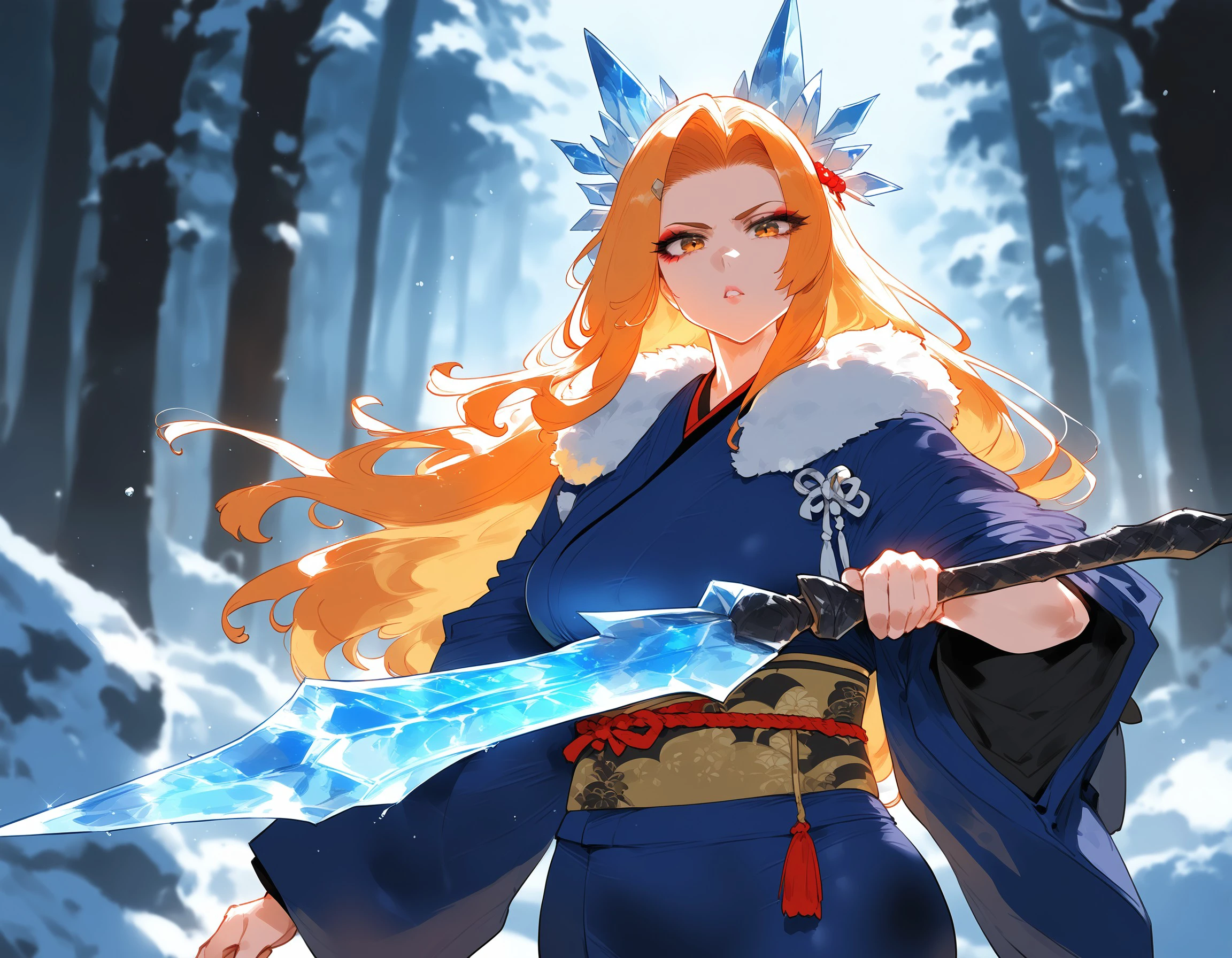 rayxl, 1girl, solo, hazel eyes, long hair, ice, japanese clothes, kimono, sash, weapon, snow, bangs, fur trim, holding, hair ornament, blurry background, holding weapon, blurry, makeup, parted lips, obi, forest, breasts, outdoors, red eyeshadow, nature, ice arrow, ice magic, serious, expressive eyes, masterpiece, best quality, very aesthetic, absurdres, safe, <lora:4f3134bf-0b2a-4063-89e8-6ad084027ec6:1.0>