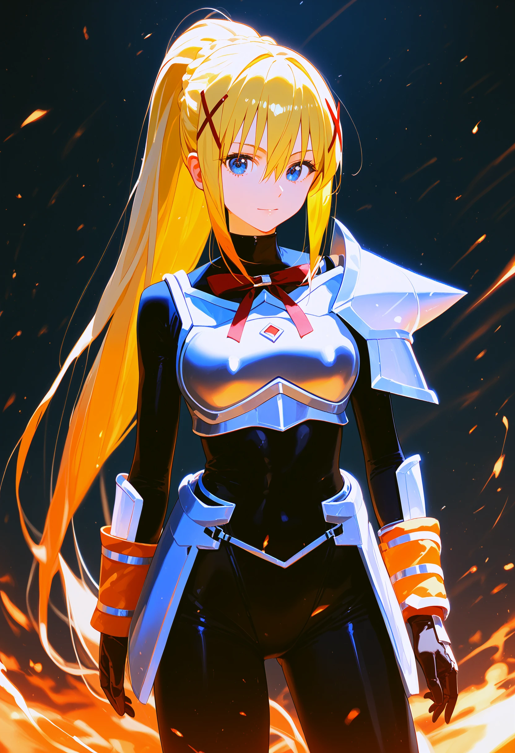 darkness \(konosuba\), 1girl, solo, looking at viewer, hair ornament, ponytail, x hair ornament, black bodysuit, hair between eyes, red ribbon, gloves, armor, shoulder armor, breastplate <lora:konosuba_collection_v2:1> score_9, score_8_up, score_7_up, score_6_up, absurdres, masterpiece, best quality, very aesthetic