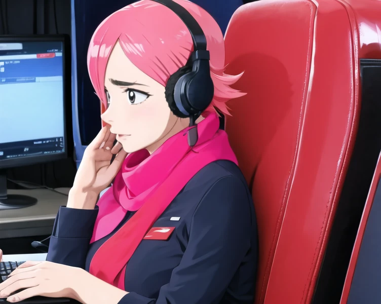 1female, sitting in seat, using computer, qantas  <lora:Flight_Attendant_QF_RevAnim:1>, ((anime style)), sexy, cute, wearing headset, stressed face expression, background fire, emergency vibe, pink scarf