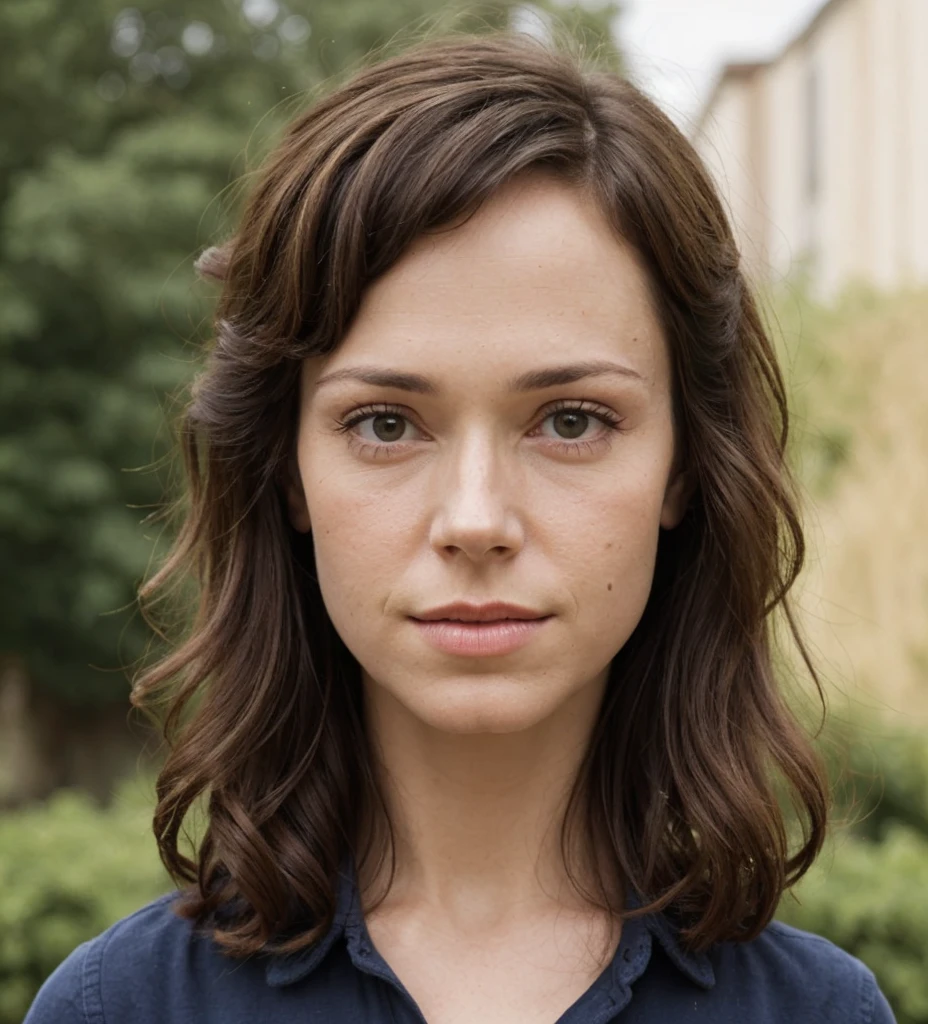 A stunning professional photo of (frances_oconnor:1.1),  collared shirt, skirt, cute, absolute beauty, round face, pale skin, (very short bob), (hair parting on left side), Dark wavy hair, brown eyes, beautiful eyes, early summer, soft natural light, highly realistic skin, highly realistic face, highly realistic eyes, at a garden party, party lights, low light, soft natural light, Rembrandt style light, made with a Mamiya camera, Ilford medium format film, film grain, masterpiece, sharp focus,
 <lora:Frances_OConnor-SDe14:0.8>