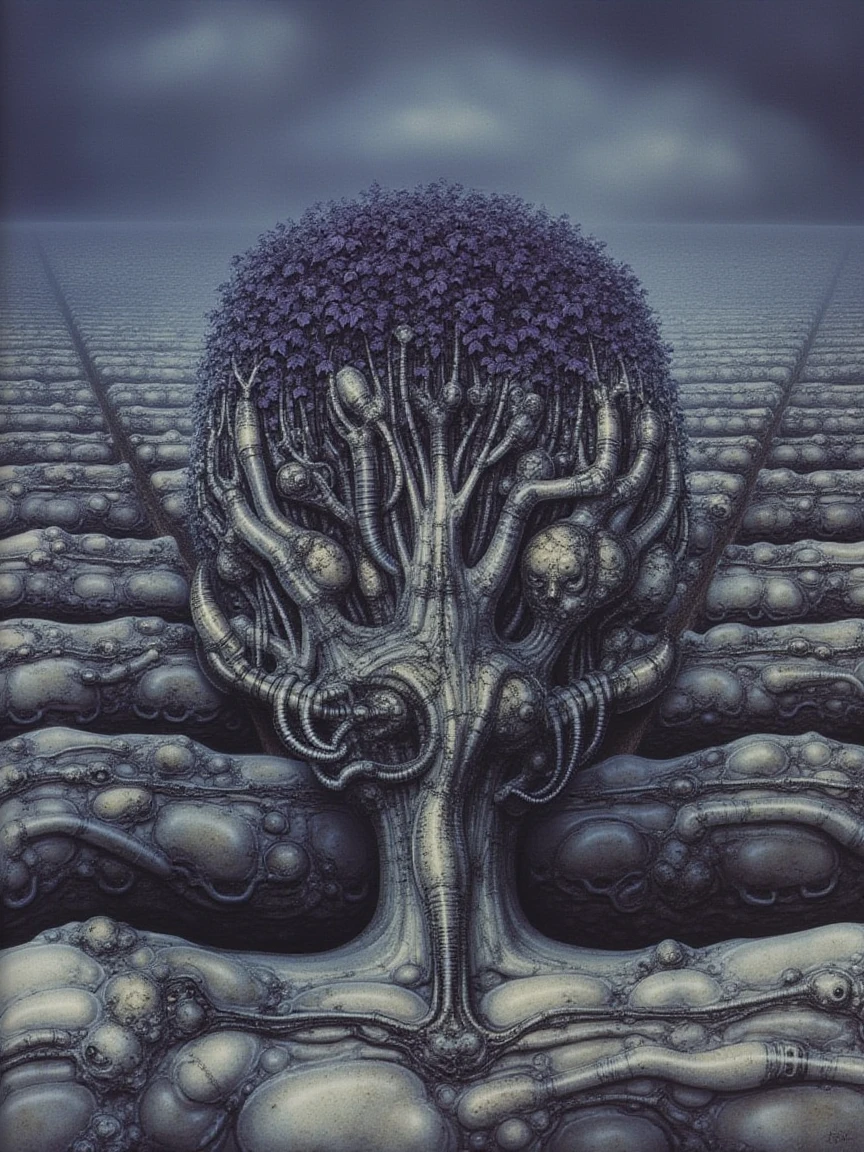 <lora:flux_giger_000001600:1.4>gigerart. A piece of artwork by HR Giger. The artwork depicts a decaying biomechanical tree is in the middle of a field. the field surface is covered in flesh like growths and boils with veins and ribs running horizontally. deep blues and greys emphasise the shapes with a fog in the distance. the tree is veiny and organic, with biomechanical pipes and tubes running in and out of knots in the trunk. The leaves are a deep purple