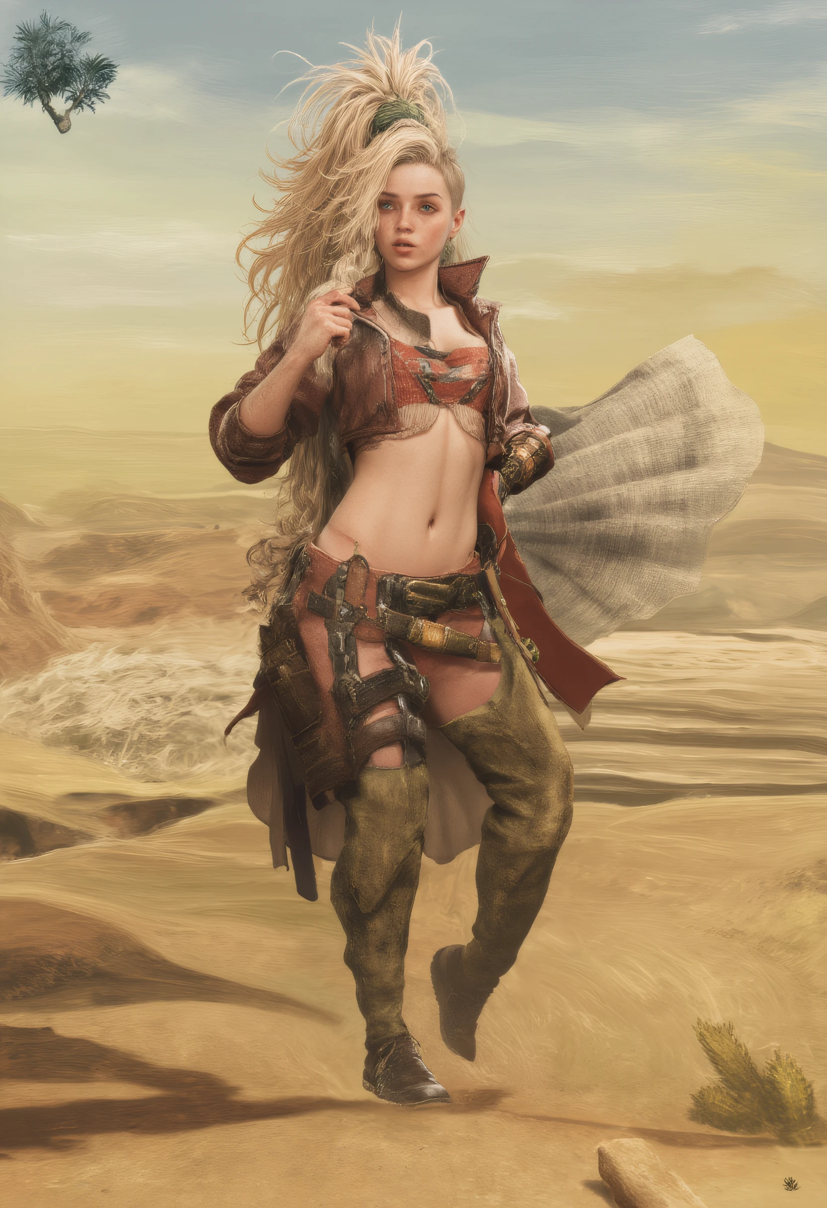 artistic drawing of gemma_mhwilds,1girl,in a desert,