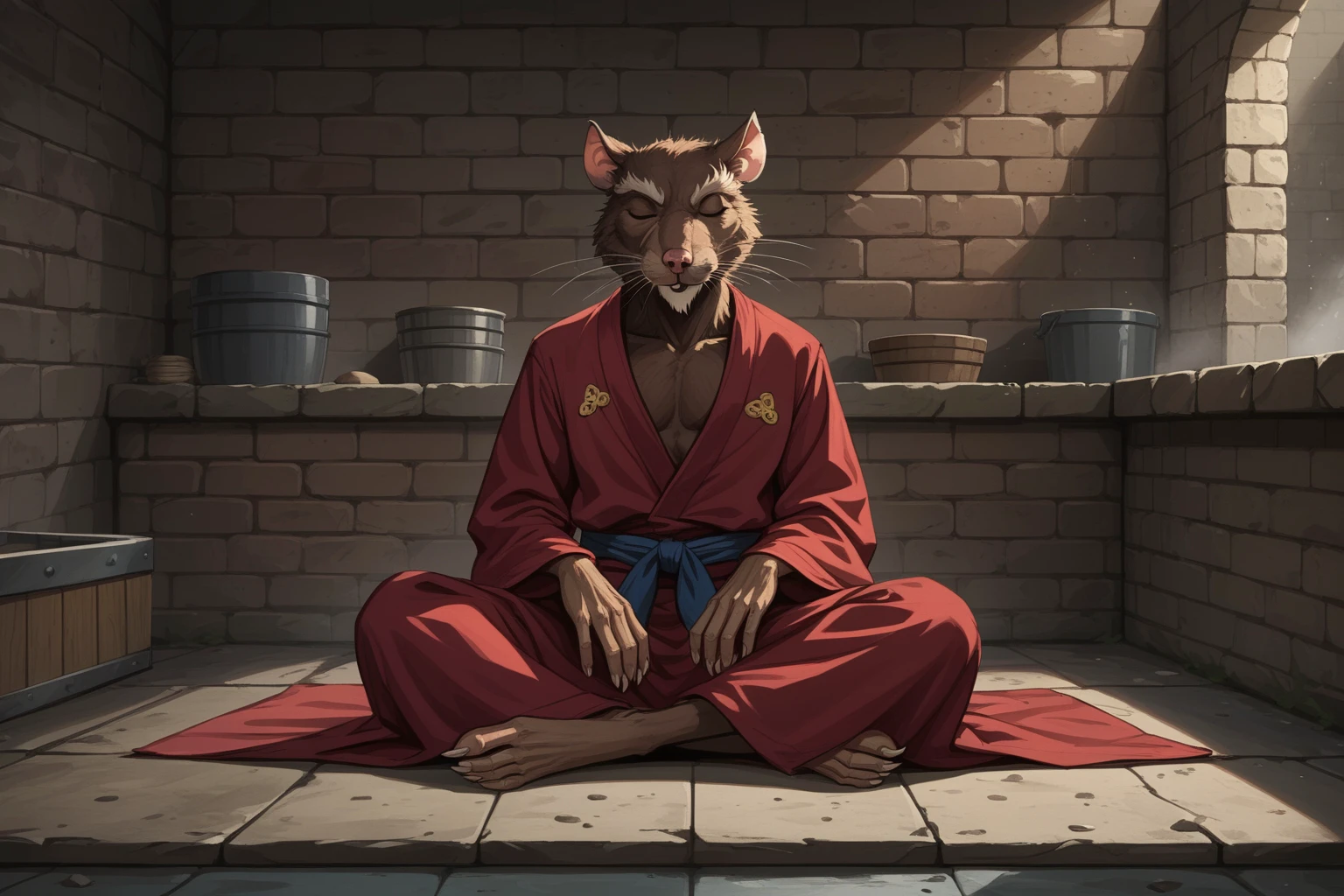 score_9, score_8_up, score_7_up, ((source_cartoon: 1.2, source_DigitalArt)), source_furry, masterpiece, high quality, ((full body shot, front view))
a ((shirtless)) ((skinny)) muscular furry TMNTSplinter Anthro Rat wearing a red-purple kimono, tail showing, anthro rat rodent tail, solo, <lora:TMNT_Splinter_Pony:0.8>
(sitting, meditation pose, eyes closed)
((in a sewer apartment)), stone walls, living area, couch, retro TV on stand
dynamic lighting, shadows, dust and fog wafting across floor, cinematic