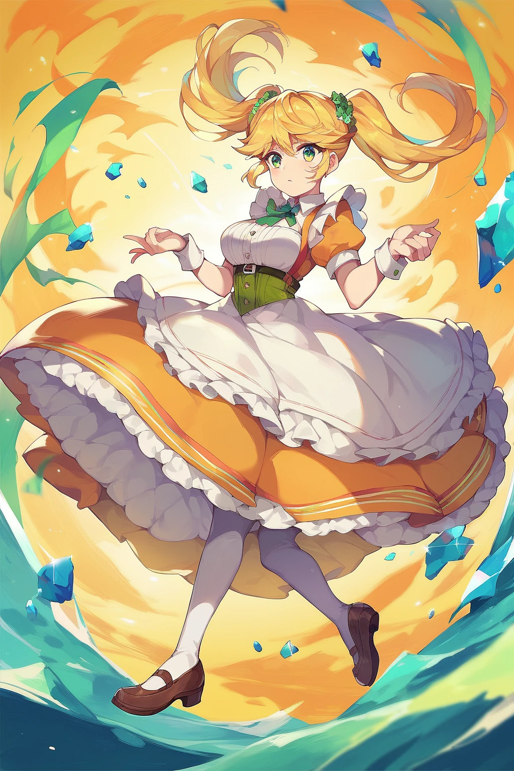 score_9, score_8_up, score_7_up, score_6_up, score_5_up, score_4_up, masterpiece, high quality, full body,    <lora:Tarte(WFA):1> blond hair, yellow hair, green eyes, orange maid clothes, twintails, large breasts, green corset,