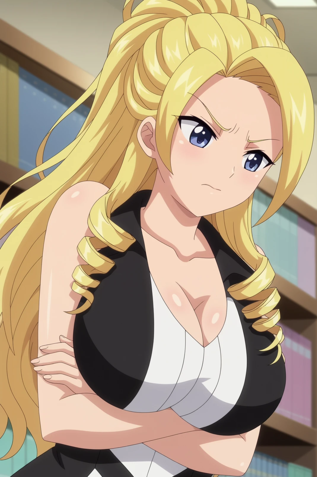 sayaka midou,anime screencap,1girl,solo,mature,blonde hair,long hair,blue eyes,bare shoulders,breasts,cleavage,large breasts,drill hair,standing,,library,consistent background,dutch angle,crossed arms <lora:Sayaka Midou - PDXL2.safetensors:0.8>