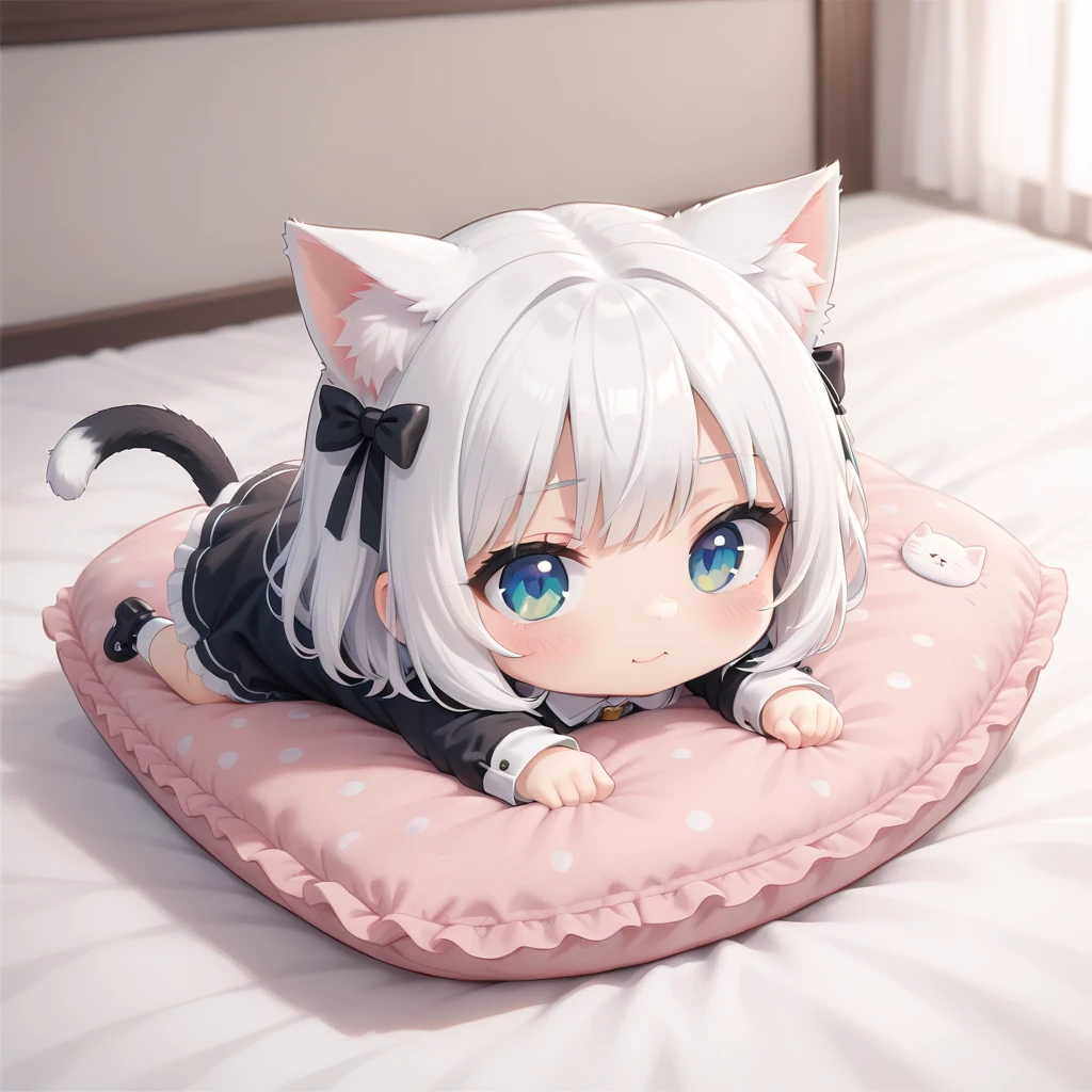 chibi cat girl,  face down, seiza on cushion, dress