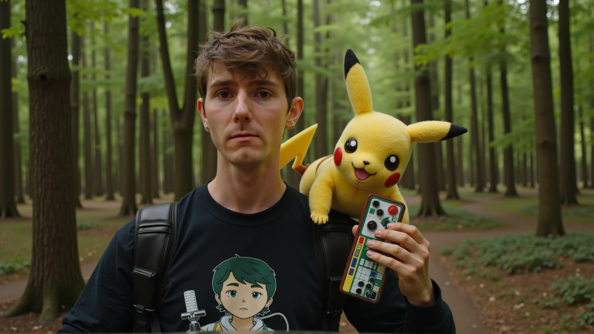 <lora:Linus_Sebastian_LoRA:1> LinusTechTips in forest with his pikachu photorealistic human-size playing