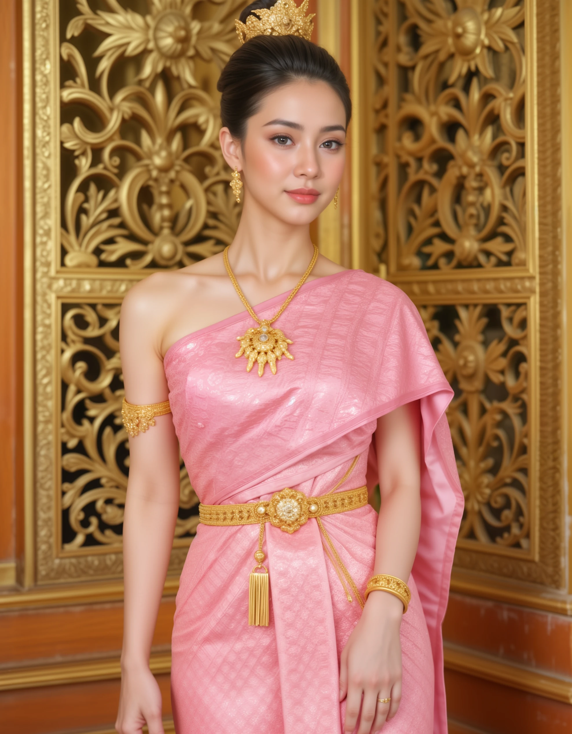 sabaithai,thai traditional dress,Beautiful Thai woman in a pink gold traditional dress with gold jewelry <lora:Thai_tradional_dress_Flux_-000005:1>
