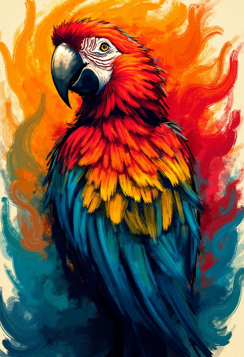 Abstract painting of a Parrot Macaw, vibrant colors, bold brushstrokes, dynamic composition, colorful feathers, artistic interpretation, expressive lines, modern art style, imaginative background. <lora:DepthContrastFlux-sv_fro-0.97-16:1>