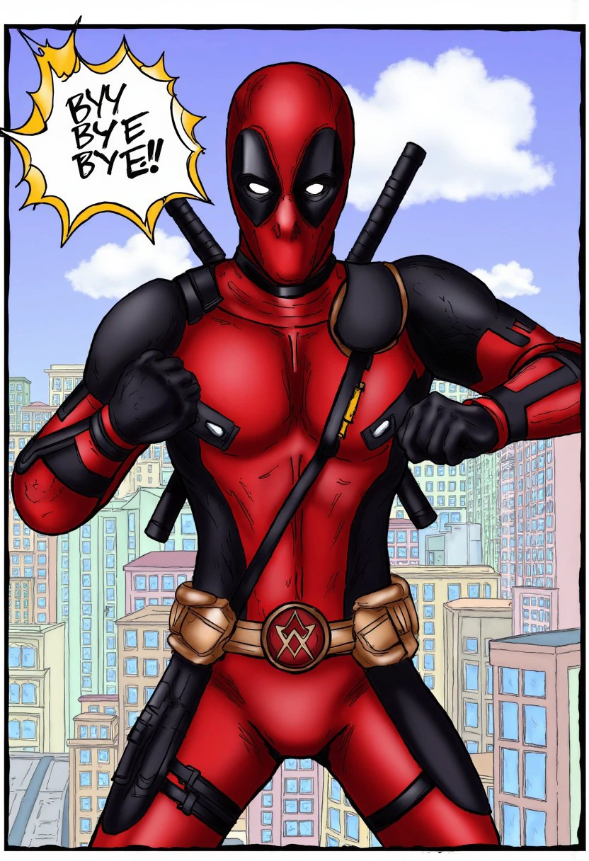 a comic book illustration from Duskfallcrew Art Style, an illustration of Deadpool doing the "BYE BYE BYE" dance from the movies