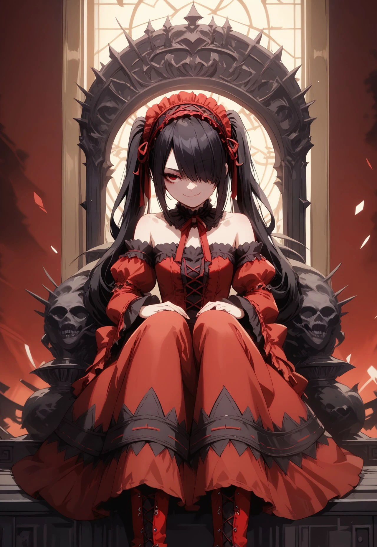 safe_pos, Score_7_up,score_8_up, score_9_up, score_anime, 1 girl, detail1eye, solo, black hair, red eye, long hair, twintails, hair over one eye, detail1eye, sitting on Theone, lolitafashion, revealing cloths, meduim breast, goth, goticlolita style, masterpiece, best quality, absurdres, red dress, frills, detached sleeves, frilled choker, full body, smug, sitting, boots, hairband