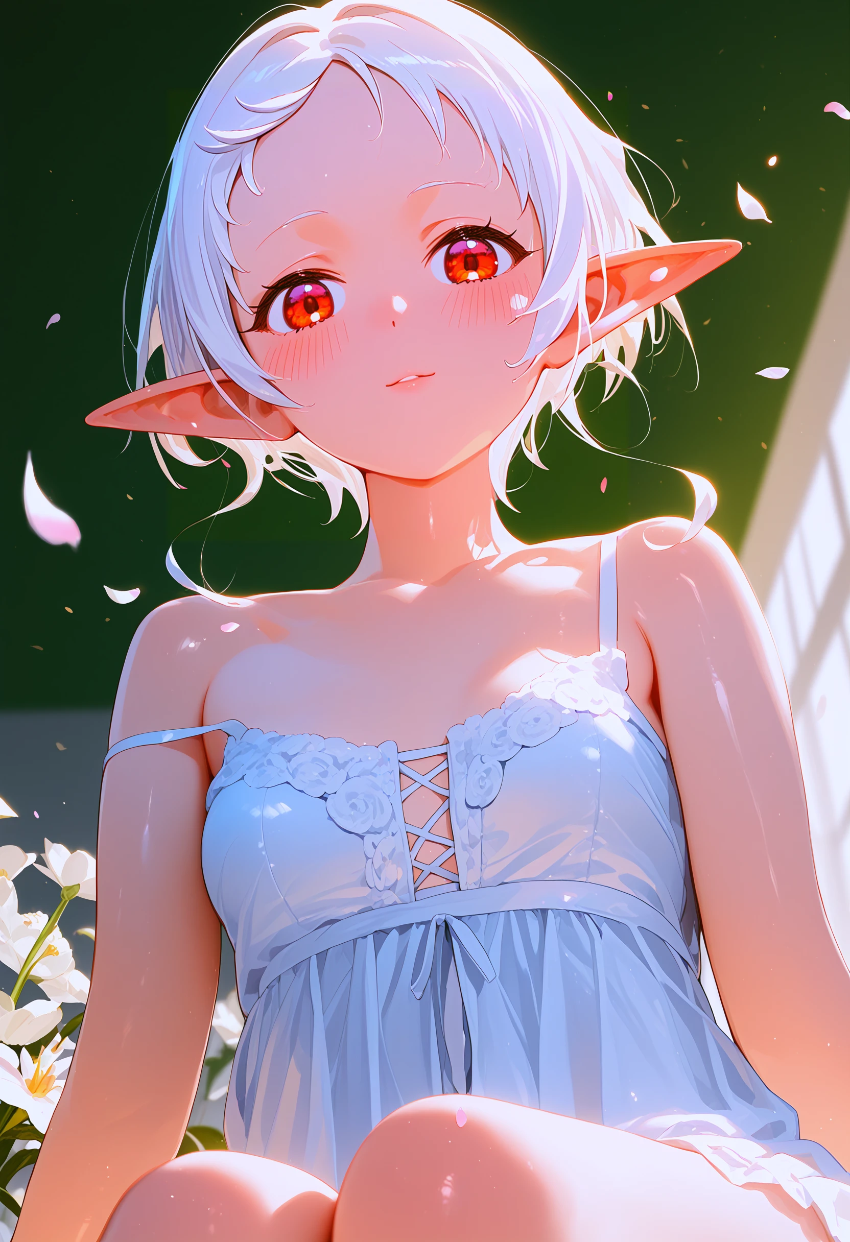 sylphiette \(mushoku tensei\), 1girl, pointy ears, solo, flower, looking at viewer, elf, sitting, short hair, small breasts, strap slip, white flower, white camisole, seiza, bare shoulders, petals, blush, bottomless, upper body, from below <lora:mushoku_tensei_collection_v2:1> source_anime, score_9, score_8_up, score_7_up, score_6_up, absurdres, masterpiece, best quality, very aesthetic