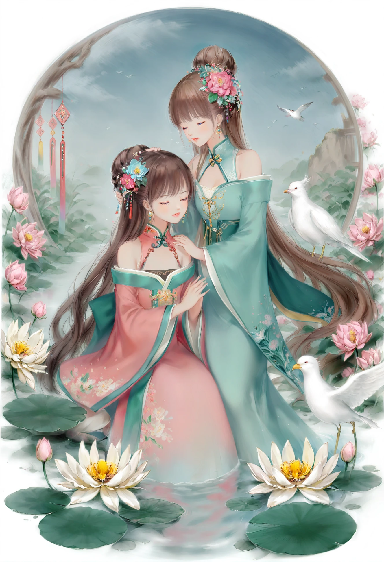 masterpiece, best quality,multiple girls, 2girls, long hair, flower, bird, brown hair, closed eyes, jewelry, earrings, hair ornament, hug, water, parted lips, chinese clothes, hair bun, long sleeves, pink flower, dress, outdoors, lotus, hand on another's head, wide sleeves, bare shoulders, blue eyes, lily pad, off shoulder, hanfu 
 <lora:DADACHYOXLlokr4f-000179:0.8>