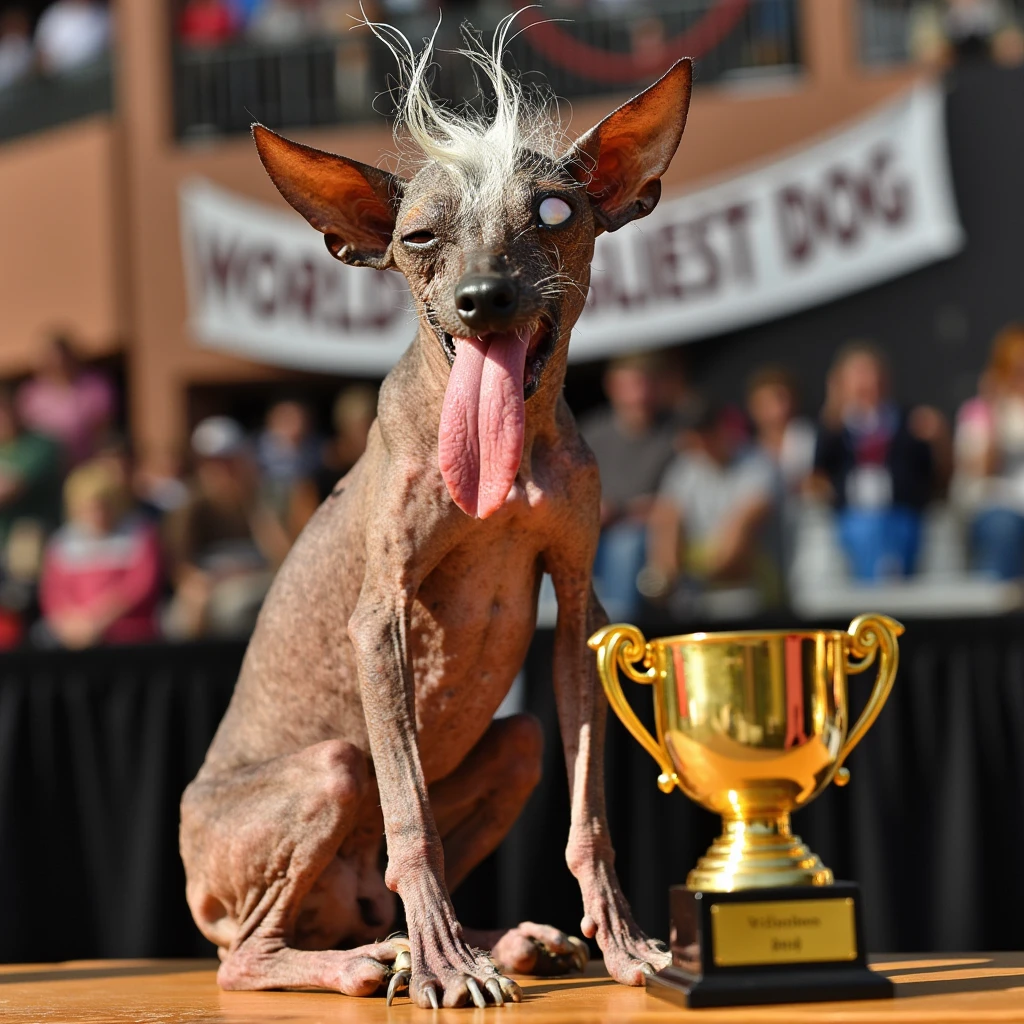 uglydog, an ugly skinny hairless dog, blind, balding ugly skin, tongue hanging out with long toenails, sitting next to a golden trophy, there is a banner in the background that says World's Ugliest Dog