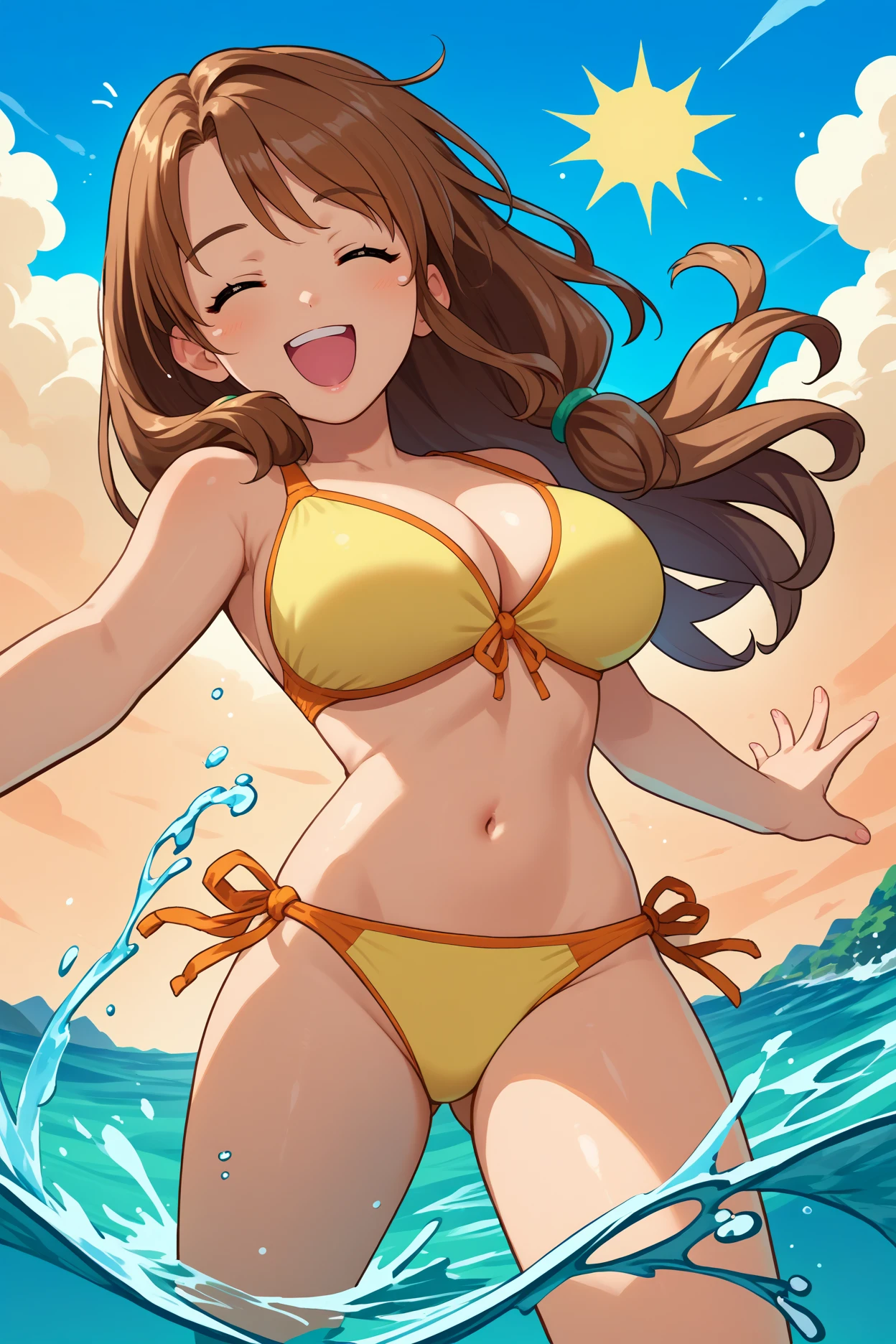 score_9, score_8_up, score_7_up, score_6_up, source_anime, 1girl, solo,  <lora:ftspmom-pdxl-nvwls-v1-000006:1> ftspMm, brown hair, long hair, hair over shoulder, brown eyes, large breasts, yellow bikini, closed eyes, happy, open mouth, blue sky, ocean, splash, sun, looking at you, partially submerged