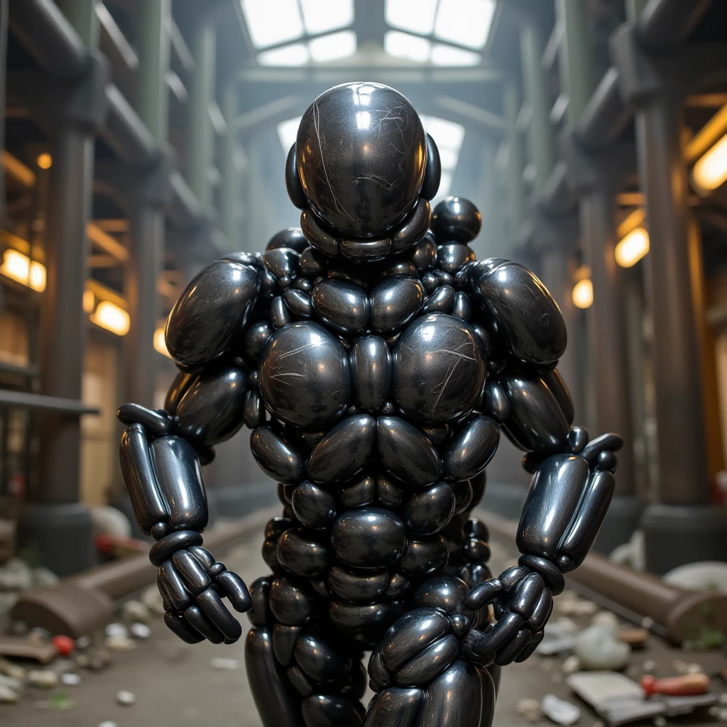 ball00nart, complex, a man in a futuristic combat armor, into a abandoned factory