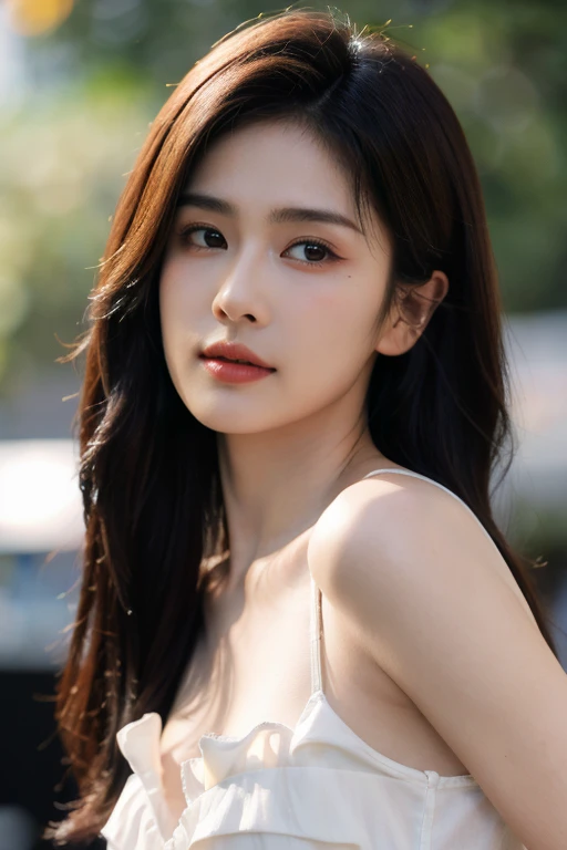 masterpiece, best quality, ultra-detailed, ultra high res, (photorealistic:1.4), raw photo, (realistic:0.2), 8k HDR, realistic lighting, looking at viewer, 1girl, solo, asymmetrical hair, (concert stage:1.2), (day), bokeh, (detailed lips), (detailed pores), (detailed skin textures), (detailed face:1.2), (body:1.2), a woman in a sundress,