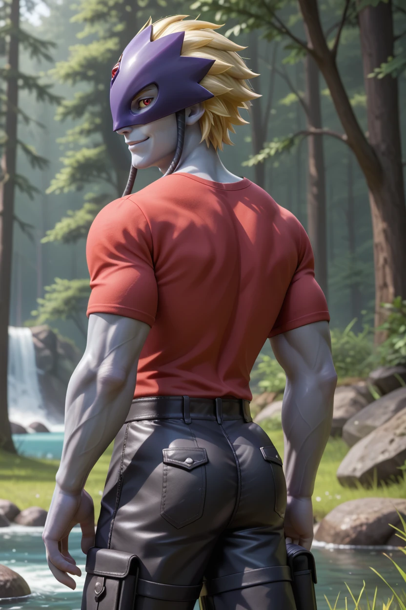 score_9, score_8_up, score_7_up, beelzebumon, 1boy,digimon \(creature\), solo,cowboy shot, dark purple mask, black mask cable, red eyes,yellow sclera, blonde hair, short hair, lavender gray skin,muscular male,looking at viewer,  from behind, black cargo shorts,red t-shirt,short sleeves, ass,looking back, nature, cascade, water, tree,grass,3d, smirk,hand up, profile, <lora:BeelzebumonPonyV2:1>