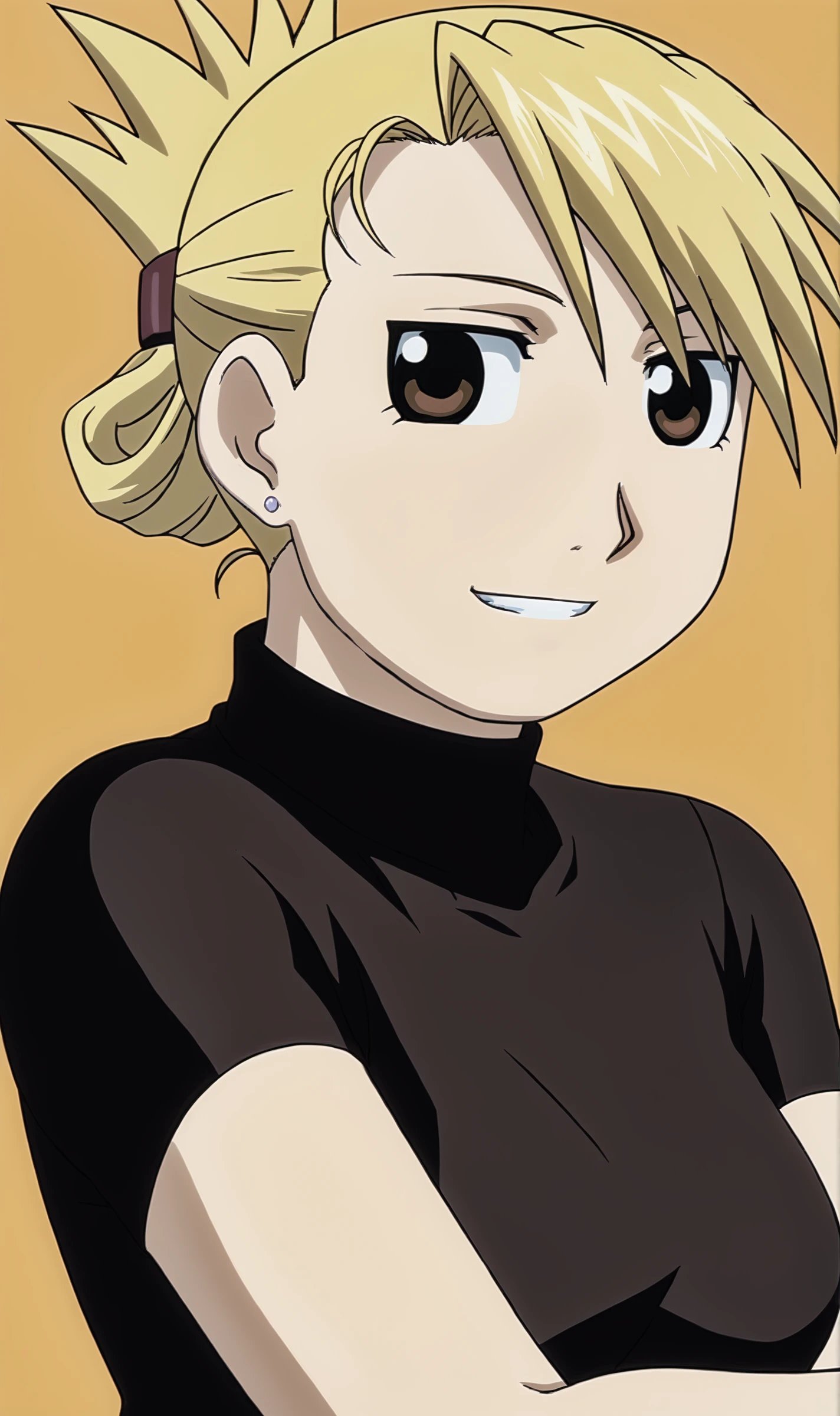 RH, 1girl, solo, blonde hair, short hair, folded ponytail, brown eyes, stud earrings, black shirt, portrait, looking at viewer, smile, simple background, orange background, <lora:Riza Hawkeye Pony XL:1>