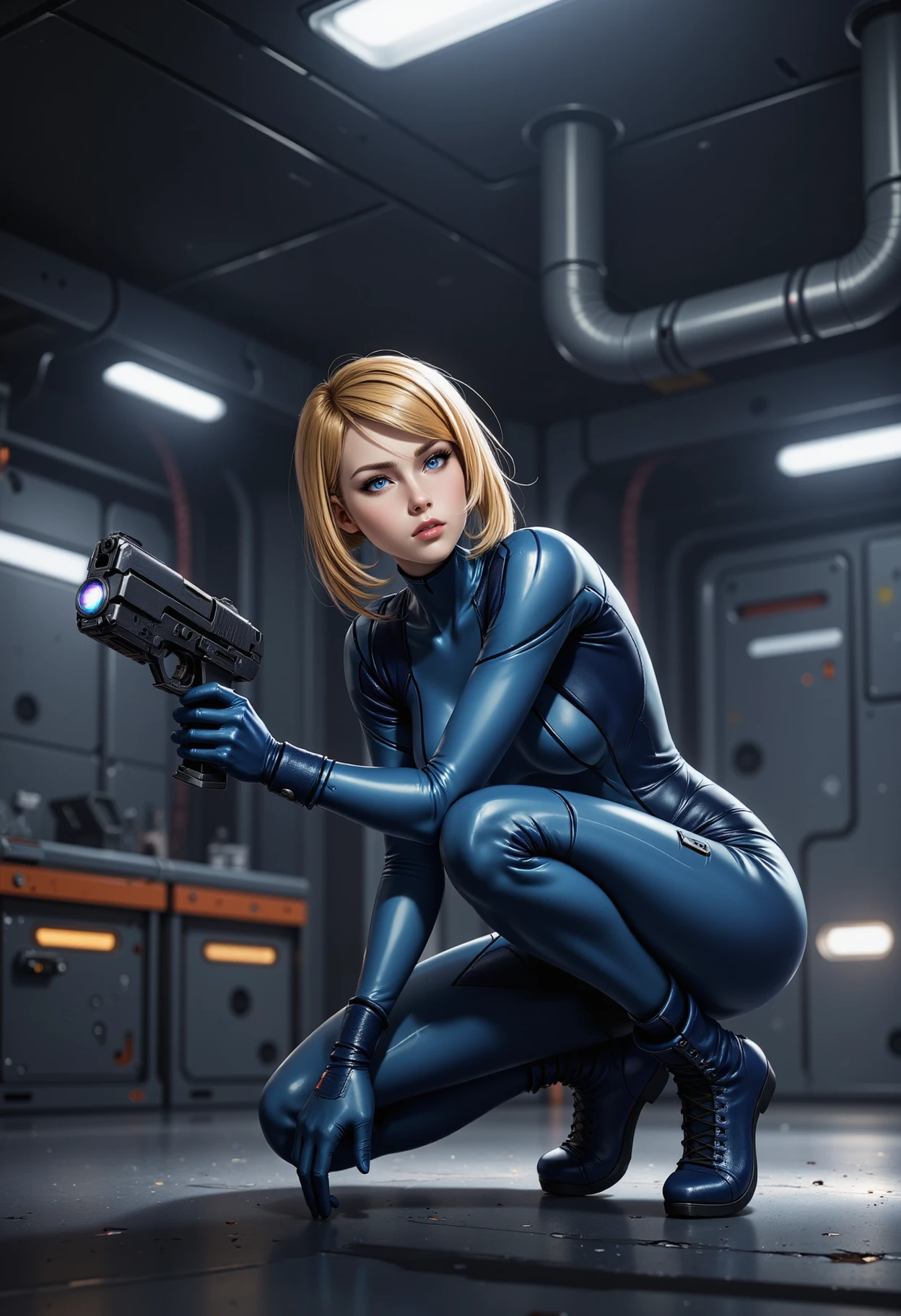 A highly detailed digital illustration of s4mus, kneeling on the metal floor of a futuristic laboratory, holding a high-tech pistol with a glowing blue tip in her right hand, her piercing gaze fixed intently ahead. she wears a zer0Suit, complete with blue boots. The dimly lit interior is illuminated by bright ceiling lights, with metal walls featuring orange and white panels.
<lora:zeroSuitSamusFlux:1>