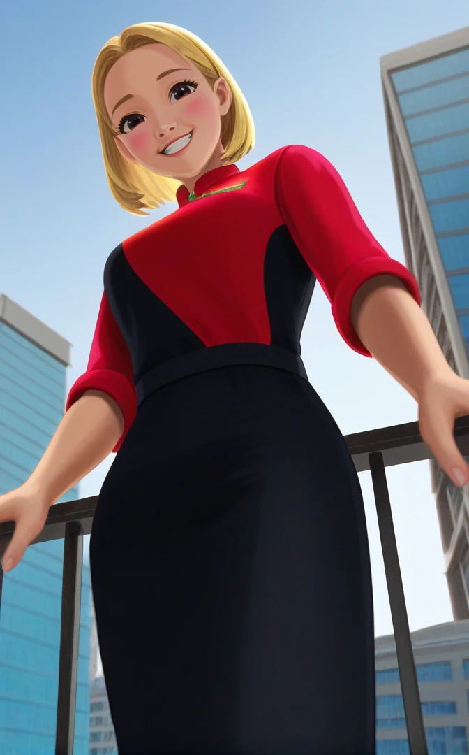 1girl, sexy, balcony standing, qantas uniform<lora:Flight_Attendant_QF_PonyXL:1> , blonde hair, smiling, leaning on balcony, windy, view from below angle, city scene, cute, 4K