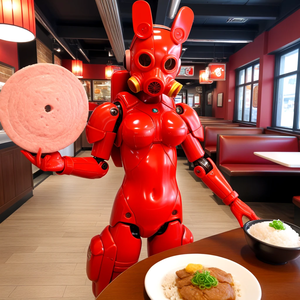 <lora:fish_steak_tartare_SDXL:0.5>, frisbee, meat, table, bowl, rice, restaurant, realistic, gloves, holding_weapon, armor, red animal_ears, red bodysuit, mask, helmet, robot, mecha, machinery,  antennae, robot_joints, gas_mask, cyberpunk, mechanical_legs, humanoid_robot, power_suit