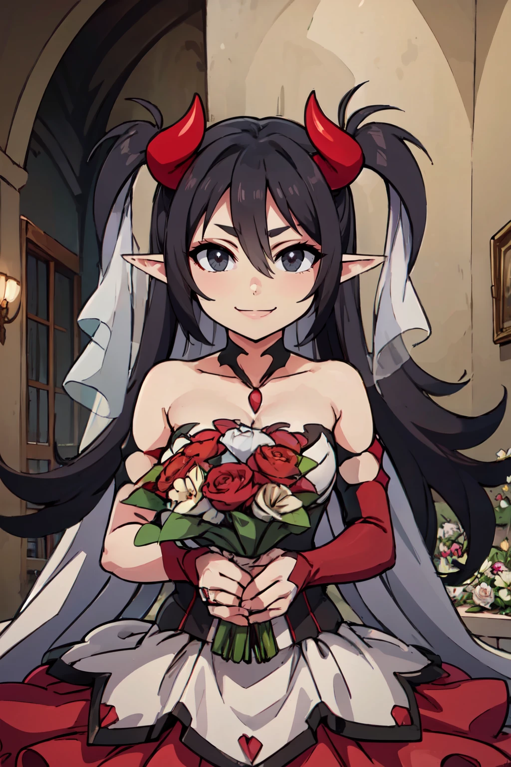 ((masterpiece,best quality)), absurdres,  BREAK,, <lora:Luceria:0.7>, zzLuceria, black eyes, black hair, long hair, pointy ears, demon girl, demon horns, hair between eyes, two side up,, BREAK, bride, wedding dress, bridal veil, strapless dress, elbow gloves, holding bouquet,, BREAK, solo, smile, looking at viewer, cowboy shot,