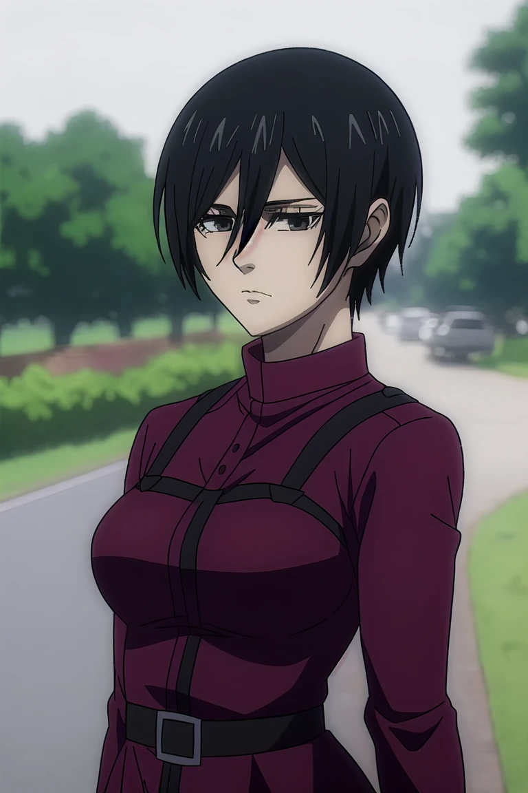 1girl,mikasa15, black hair,short hair,bangs,black eyes,upperbody,anime,outdoors,streets, masterpiece,wearing  a (red dress:1.4),<lora:mikasa15:1> mikasa ackerman