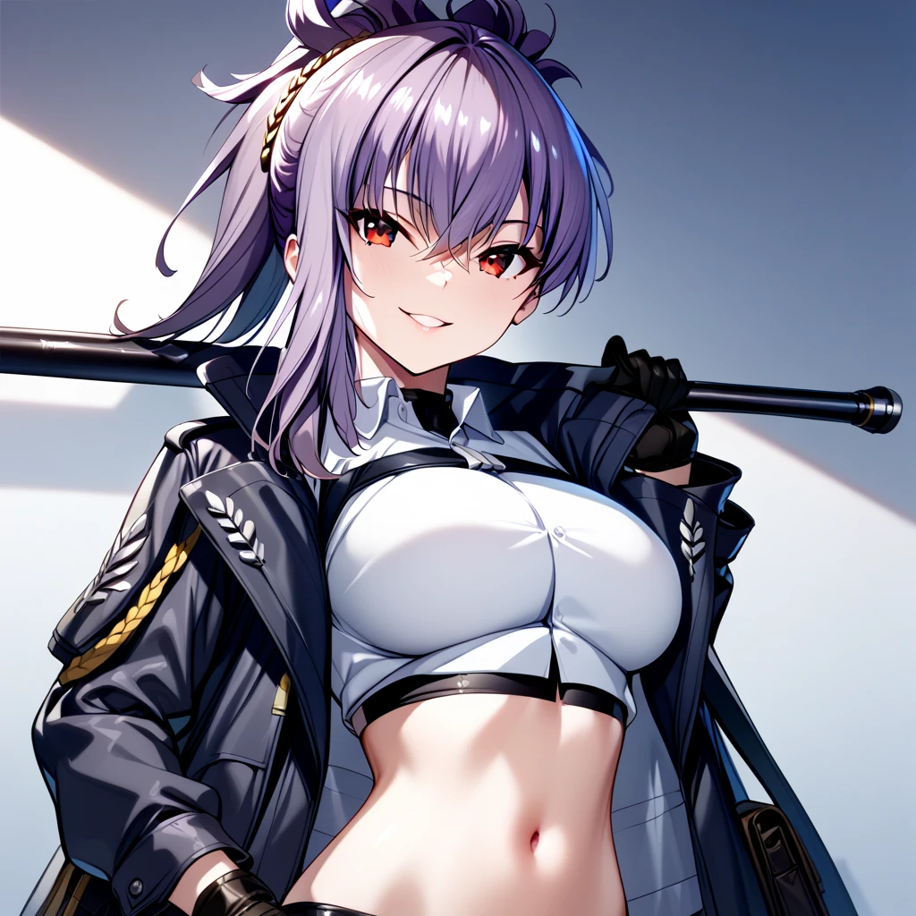 1girl, solo, rebecca(cs), purple hair, red eyes, gloves, black gloves, navel, shirt, large breasts, midriff, looking at viewer, open clothes, white shirt, stomach, over shoulder, upper body, crop top, smile, closed lips, close up, portrait, <lora:Rebecca:1>, (masterpiece),(best quality),(ultra-detailed),(best illustration),(best shadow),(absurdres),(detailed background),(very aesthetic),