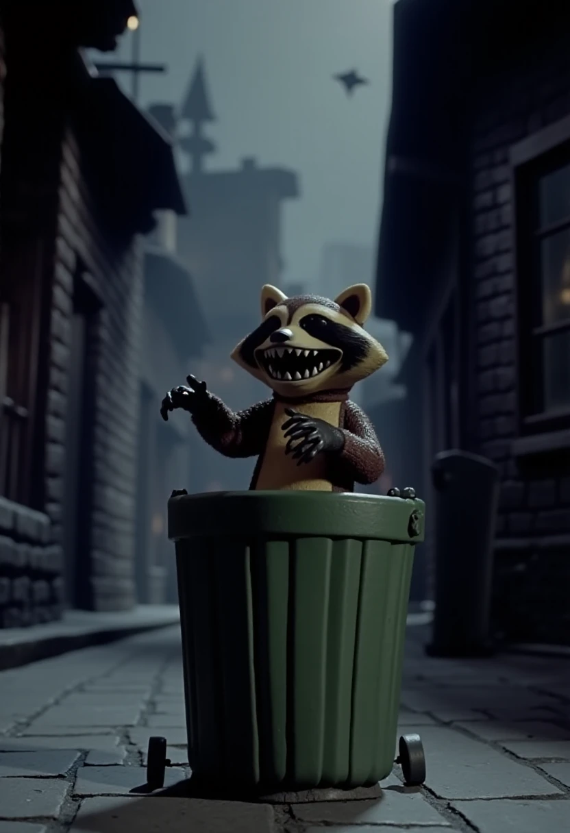 <WARNING: Don't remix this at current strength, lower it to 1.0 - 1.3 before generating!>
A monster raccoon in a garbage can in a dark alley in nightmarestyle. It is night time.   