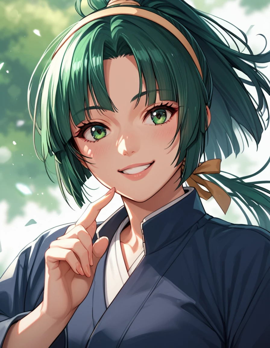 Komachi, green eyes, ponytail, hairband, green hair,  <lora:PowerofHopePrecureFullBloom:1>, score_9, score_8_up, score_7_up, score_6_up, score_5_up, score_4_up, source_anime, , smile, dynamic pose