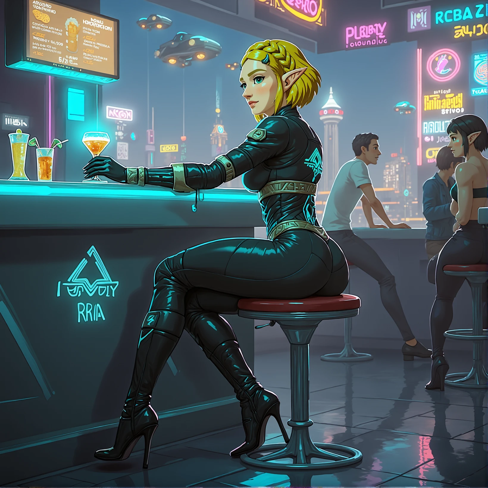 DGMA style Princess Zelda as a cyberpunk woman at a neon-lit bar, wearing a form-fitting black leather bodysuit with luminescent blue circuits running along the material, tall black boots with metallic accents, short cropped blonde hair with neon blue highlights, cybernetic augmentations visible on her left arm and neck, sitting on a sleek, high-tech barstool, leaning against a modern bar counter with holographic drink menus hovering above it, holding a futuristic glass filled with a glowing liquid, background featuring neon signs in various colors, futuristic cityscape visible through a large window behind her with flying cars and towering skyscrapers, dim and moody illumination with dynamic neon lights casting colorful reflections and shadows, other patrons in various cyberpunk attires seen at the bar and surrounding tables, the bar has a high-tech yet gritty ambiance with metallic textures and bright LED displays.