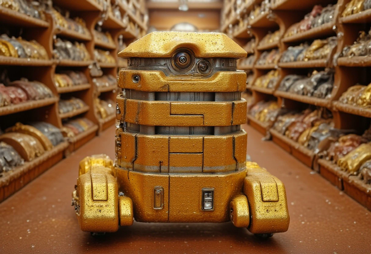 Star wars B2EM0 droid constructed entirely from gold powder material and inlaid with precious stones, inside a jewelry store