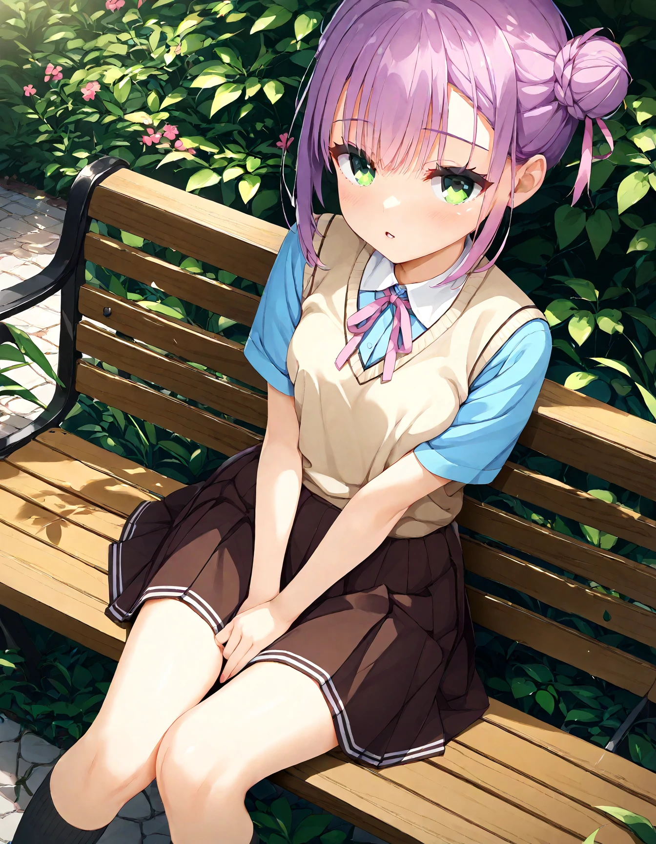 (score_9,score_8_up,score_7_up),source_anime,best quality,masterpiece,
yuzusoft_late, 1girl, green_eyes, solo, sitting, black_socks, hair_between_eyes, neck_ribbon, pink_hair, school_uniform, looking_at_viewer, short_sleeves, blue_shirt, pink_ribbon, shoes, brown_skirt, pink_footwear, miniskirt, outdoors, open_mouth, sidelocks, eyelashes, breasts, yellow_sweater_vest, bench, collared_shirt, kneehighs, medium_hair, parted_lips, covering_crotch, hand_between_legs, white_shirt, wing_collar, pleated_skirt, hair_bun, purple_hair, knees_together_feet_apart, covering_privates, blush, arms_between_legs