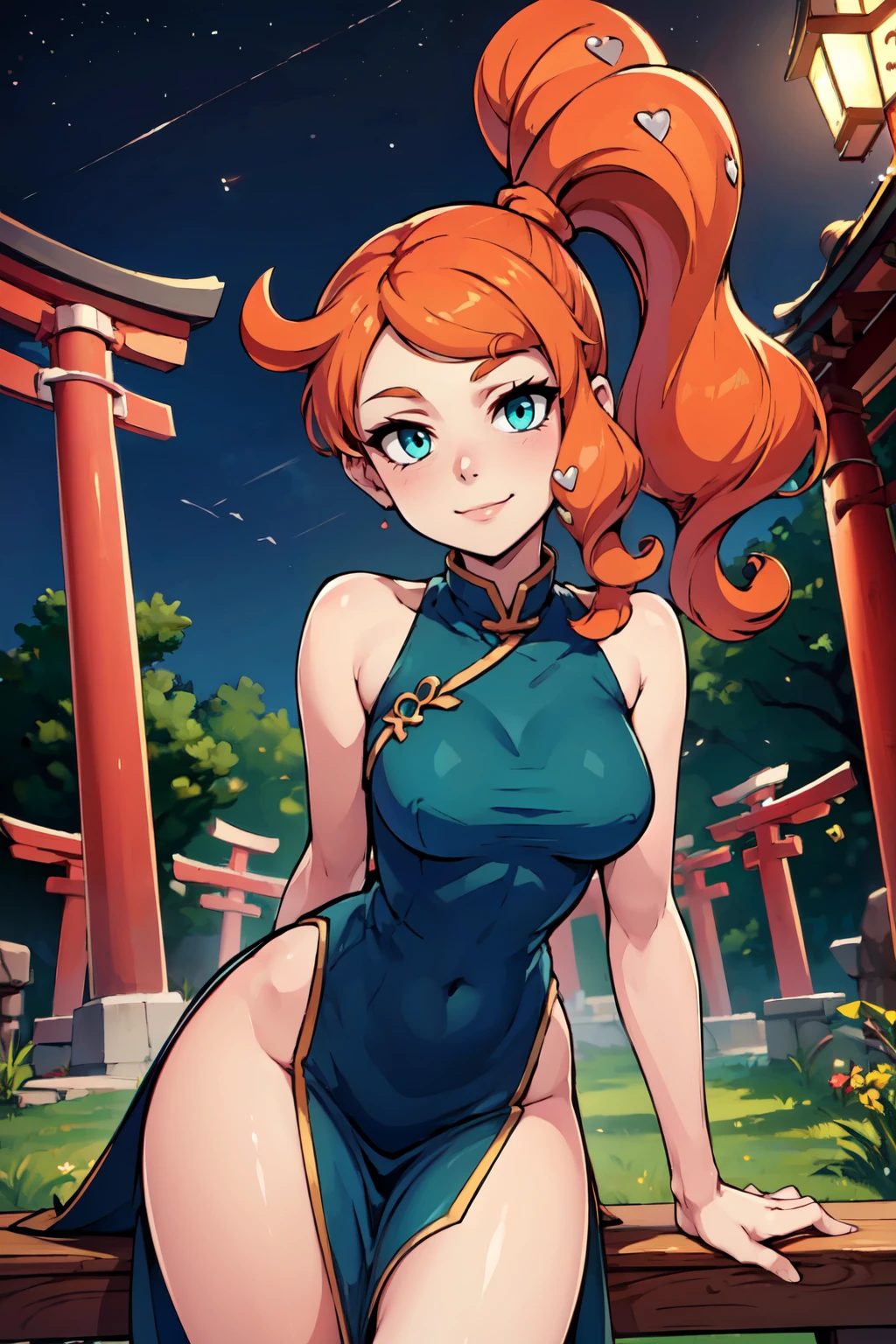 ((masterpiece,best quality)), absurdres,  BREAK, , <lora:Sonia_Pokemon:0.8>, zzSonia, aqua eyes, orange hair, long hair, side ponytail, , BREAK,  china dress, pelvic curtain, side slit, sleeveless, print dress, covered navel, no panties, outdoors, night, torii, shrine, east asian architecture, leaning forward, hand on own thigh, from above,, BREAK, solo, smile, looking at viewer, cowboy shot,