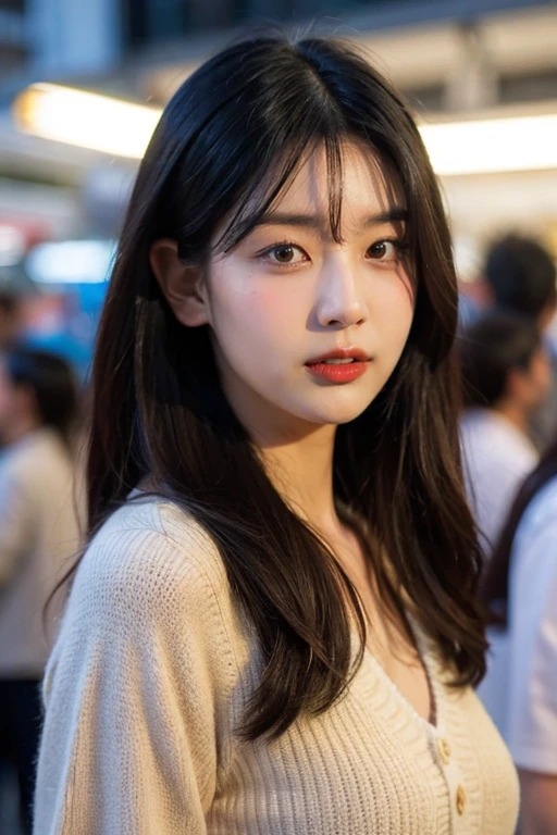 masterpiece, best quality, ultra-detailed, ultra high res, (photorealistic:1.4), raw photo, (realistic:0.2), 8k HDR, realistic lighting, looking at viewer, 1girl, solo, asymmetrical hair, outdoor, (traditional market:1.2), (day), bokeh, (detailed lips), (detailed pores), (detailed skin textures), (detailed face:1.2), (body:1.2), a woman in a cardigan, (asian:0.2), standing,