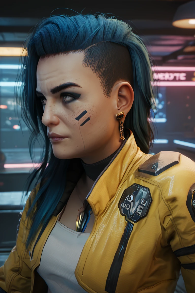 score_9, score_8_up, score_7_up,, , RogueAmendiares, 2077, blue hair ,long hair, asymmetrical hair, earrings, blue eyes, stud earrings, yellow jacket