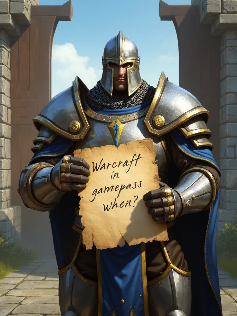 wowart style, young big paladin guard holding a old paper page with text "Warcraft in gamepass when?", the text on paper is handwritten scribble, he is wearing a mix of chainmail and plate silver armor with golden edges, also he is wearing blue tabard with yellow logo over armor and cape, helmet with cutout for face, massive asymmetrical shoulder pads, he is standing otside with stone walls and reinforced wooden gates of castle on background, nature, sunny day, fantasy, <lora:sxz-WoW-Art-Flux:1>