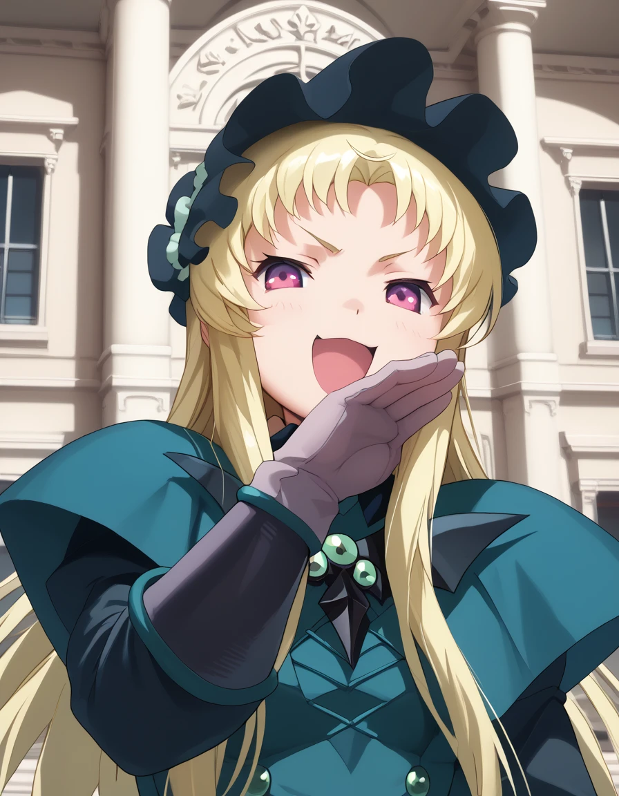 score_9, score_8_up, score_7_up, BREAK source_anime, best quality, masterpiece,very aesthetic, zPDXL2,official art,detailed_eyes,1girl, solo,
salome_(twin_angel), blonde hair, long hair, purple eyes, young, :3
green military uniform, gloves, boots,
<lora:salome_(twin_angel)_pony_v1:1>
standing, 
looking at viewer,(upper body,:1.3),
outdoors,
<lora:ojou-sama-pose-ponyxl-lora-nochekaiser:1>, ojou-sama pose, laughing, smug, hand to own mouth, open mouth,