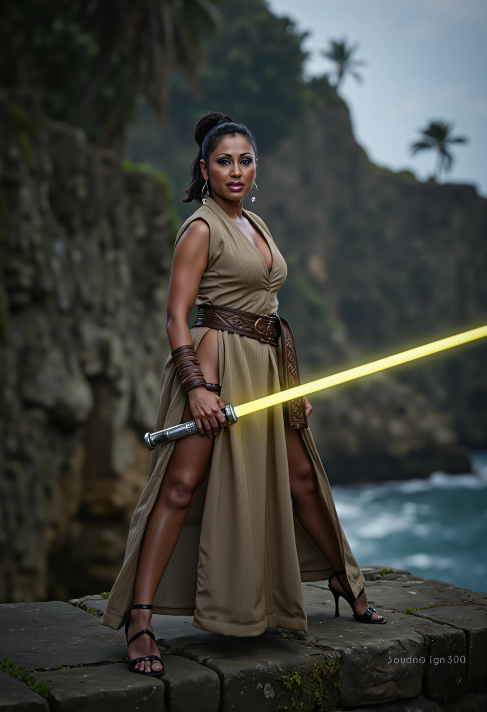  a raw high resolution sharp photo of Priya_Rai, highly detailed skin, her hair is styled in a bun, she is wearing a jedi robe, the photo is a full body shot, she is standing near a cliff while holding a yellow lightsaber, the photo is symmetrical, depth of field, volumetric lighting, the lighting is dramatic and moody