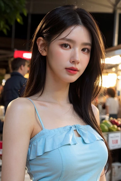 masterpiece, best quality, ultra-detailed, ultra high res, (photorealistic:1.4), raw photo, (realistic:0.2), 8k HDR, realistic lighting, looking at viewer, 1girl, solo, asymmetrical hair, (traditional market:1.2), (day), bokeh, (detailed lips), (detailed pores), (detailed skin textures), (detailed face:1.2), (body:1.2), a woman in a sundress,