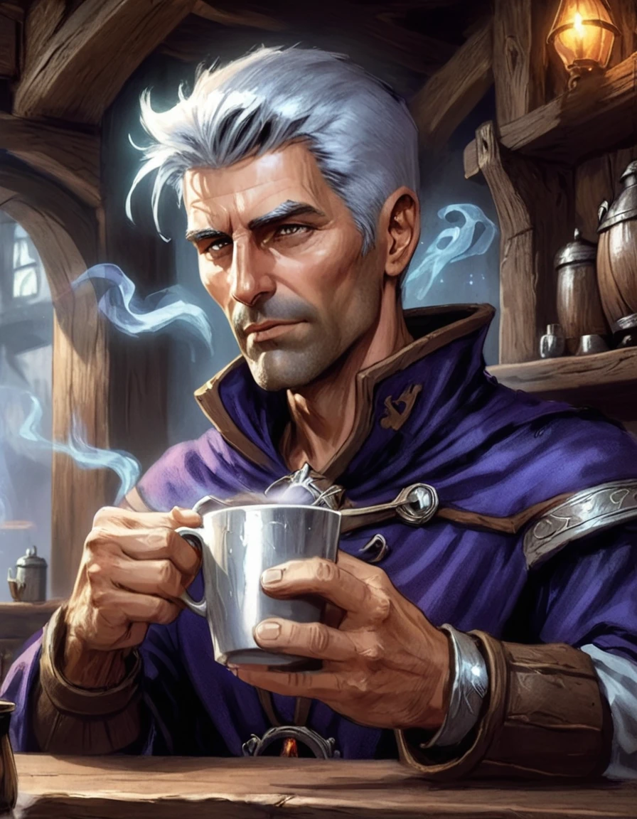 (comics art of a male 40 years old with silver  short hair fantasy sorcerer drinks coffee in a tavern, <lora:khdgr:1>