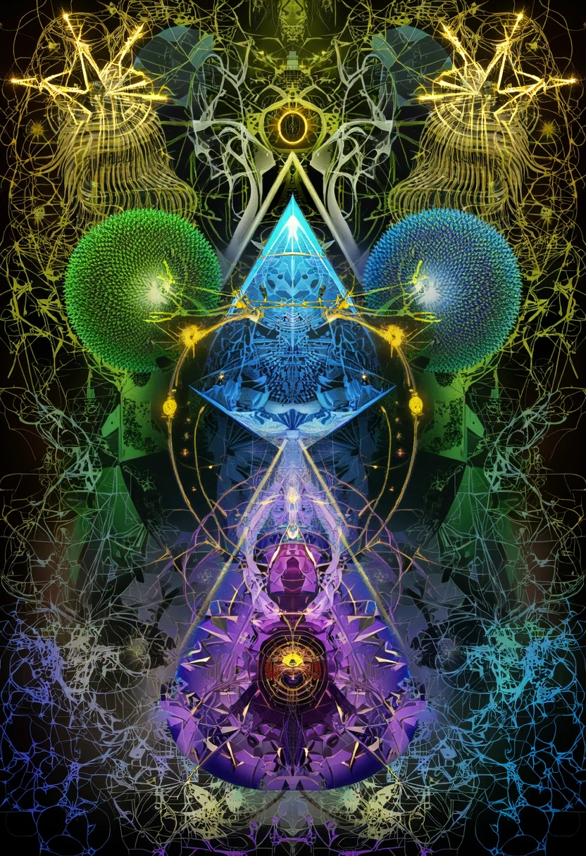 Digital Visionary art, The Shaman's Initiation, interconnected geometric patterns of triangles and lines, arcane symbology, green, purple, blue and yellow colors, Art by Android Jones