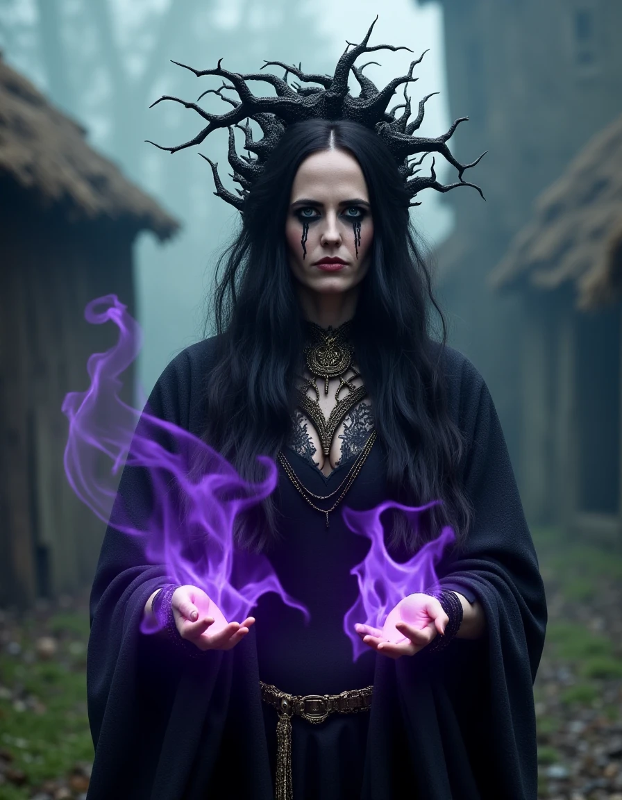 eva-grn a woman wearing a bone shaman outfit with black makeup streaking down eyes standing in the middle of a creepy village, her hands are surrounded by a purple magical flame as she is casting a spell, photorealistic, high quality, best quality,  <lora:eva-green-v1.0:0.8>